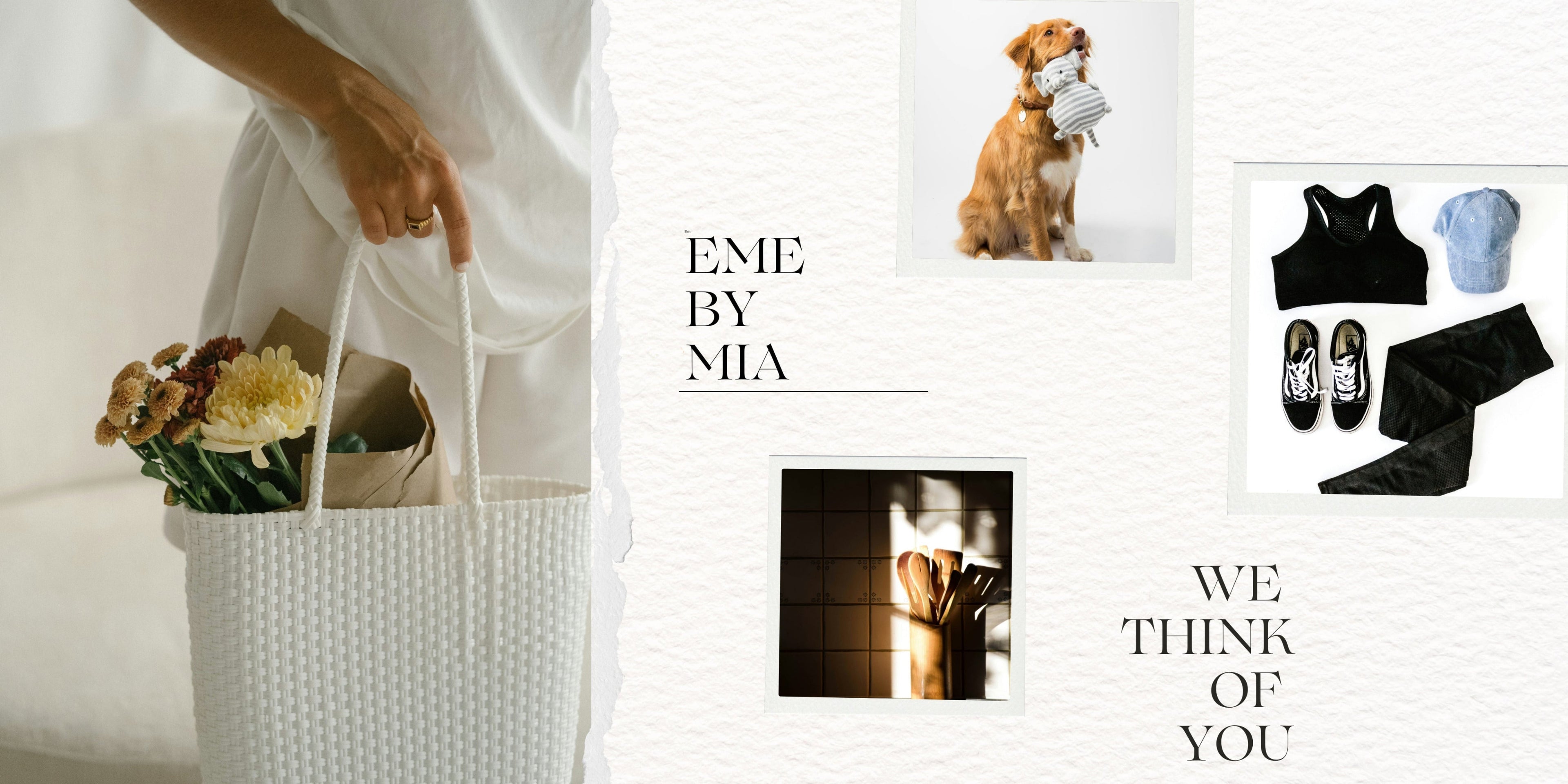 Collage of a person holding a bag with flowers, a dog, and clothing items with 'ME BY MIA' branding.