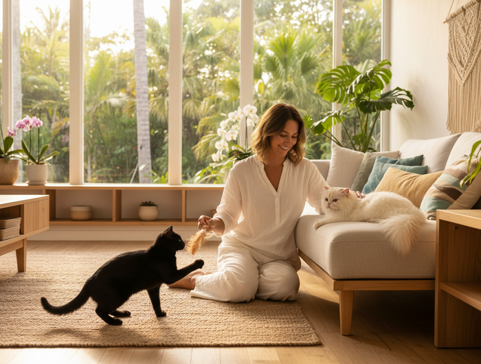 a realistic picture of a woman softly playing with 2 cute cats one is long hair one is short hair, in a living room calm and tropical with big windows 