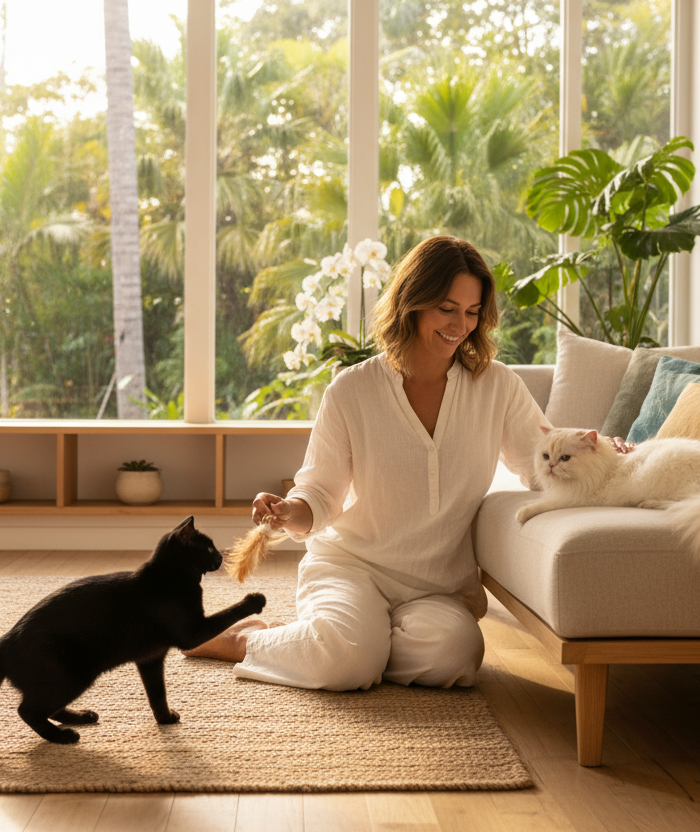 a realistic picture of a woman softly playing with 2 cute cats one is long hair one is short hair, in a living room calm and tropical with big windows 