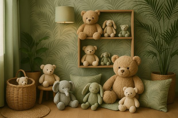 kids soft toys corner with a calm tropical tone with #8C9A8A